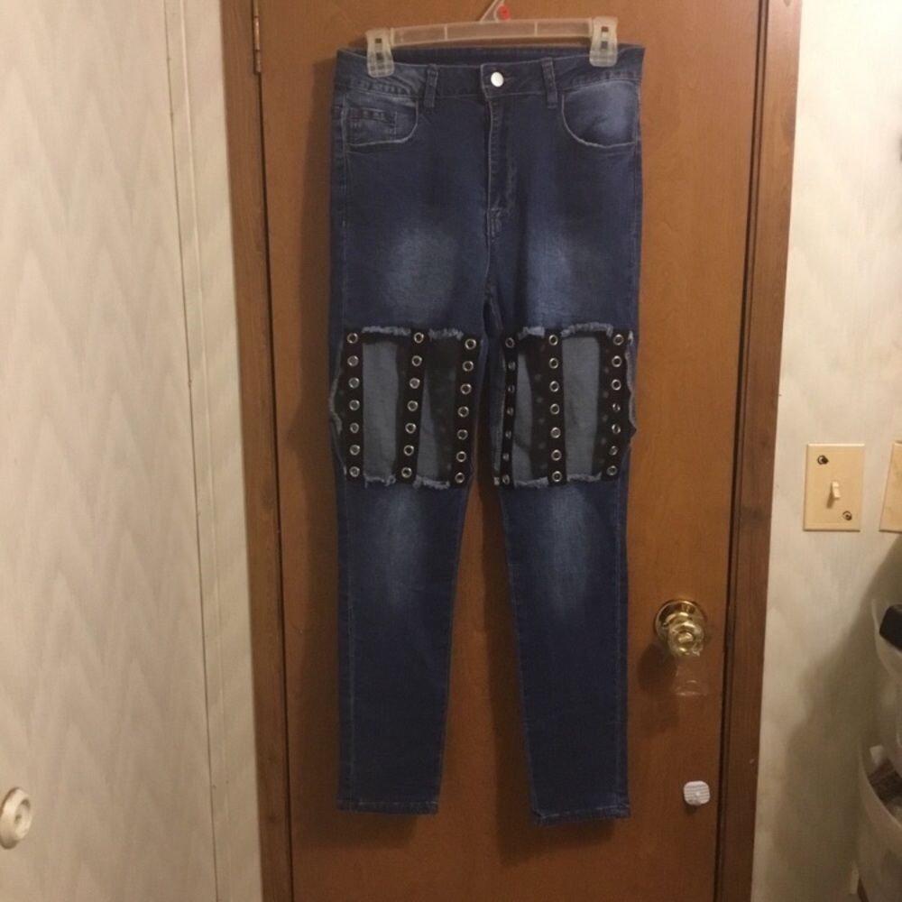 Shein Cutout Rivet  Strap Medium Wash Skinny Jeans W29 L32